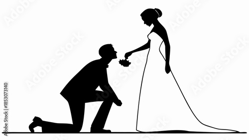 Groom proposing to bride in silhouette with dramatic pose in black and white illustration for wedding invitation