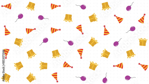 Seamless festive pattern with colorful gift boxes and balloons in playful flat style. Perfect for birthday celebrations, party backgrounds, wrapping paper, kids design, and cheerful modern branding.