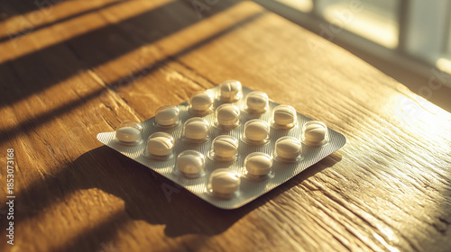 Blister pack of pills on wooden table in warm sunlight