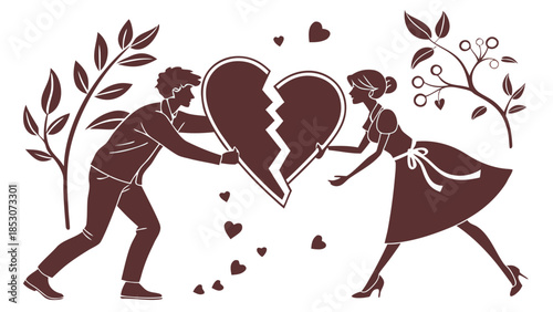 Couple Breaking Heart in Monochromatic Illustration with Red Tones and Floral Elements for Relationship