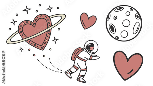 Astronaut floating with hearts and moon in whimsical illustration with pastel colors and simple lines for greeting card