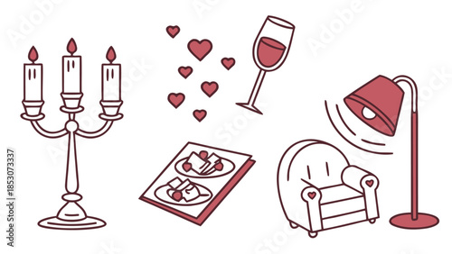 Valentines Day elements in red line art with hearts and romantic ambiance for greeting card design