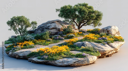 Small rocky landscape with trees and colorful flowering plants.