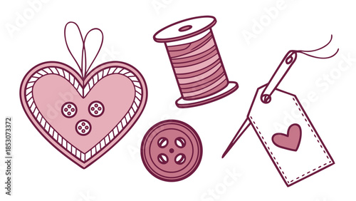 Sewing accessories in pink color with heart motif in hand drawn style on white background for craft