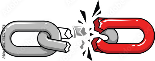 Breaking chain vector illustration, featuring snapped red and grey link, symbolizing freedom, weakness, crisis, breaking ties, liberation, and overcoming challenge graphic design.