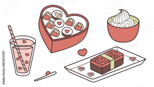 Valentines Day treats in heart-shaped box with red hearts and romantic desserts in soft pastel colors for greeting card design