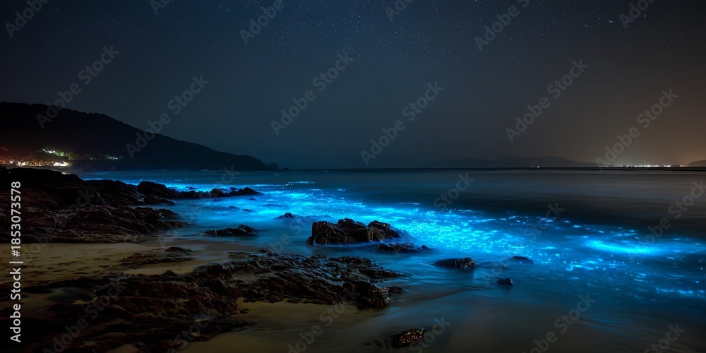 Fototapeta premium Long exposure of a calm tropical beach, the waves sparkling with vivid blue bioluminescent plankton, contrasting with a dark, star-filled sky, enchanting and rare.