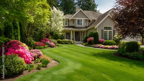 Beautifully Landscaped Luxury Home with Lush Green Lawn and Vibrant Flowers.