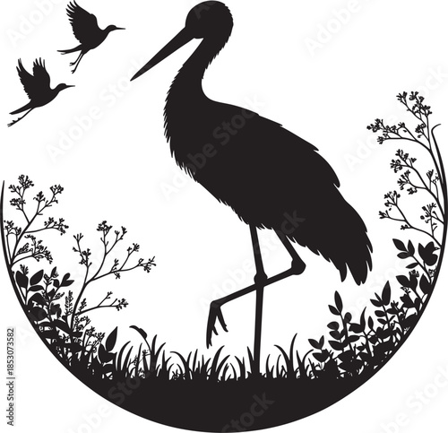 Silhouette of a bird standing in a field with flowers and flying companions