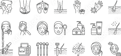 Dermatology line icons set for skin care medical treatment acne problem fungal infection dermatology clinic aesthetic beauty salon and healthcare services