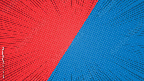 Halftone Comic Background Split with Red and Blue Rays