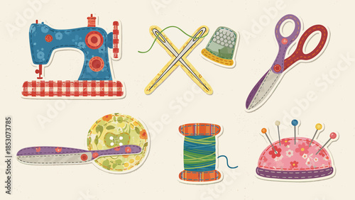 Charming Vector Collection of Quilting and Sewing Essentials, Illustrated with Decorative Fabric Textures for Creative DIY Projects
