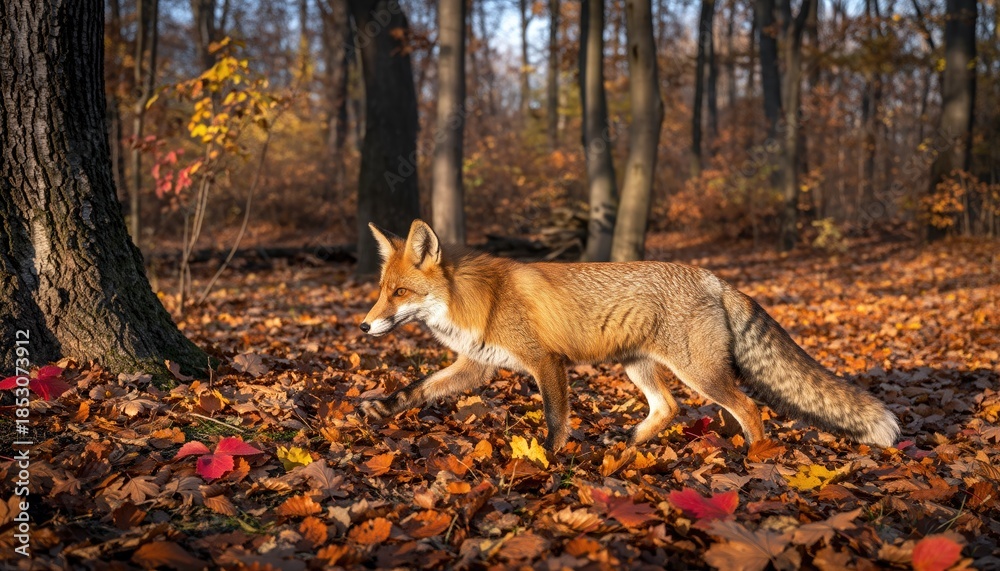 Obraz premium Fox Walking Through Autumn Forest with Orange Leaves on Ground