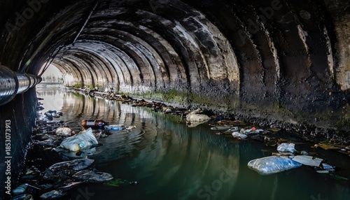 Dark Tunnel Filled with Water and Trash Under Urban Environment