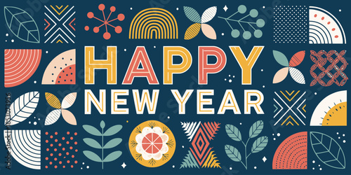 Vibrant Happy New Year celebration with colorful abstract patterns