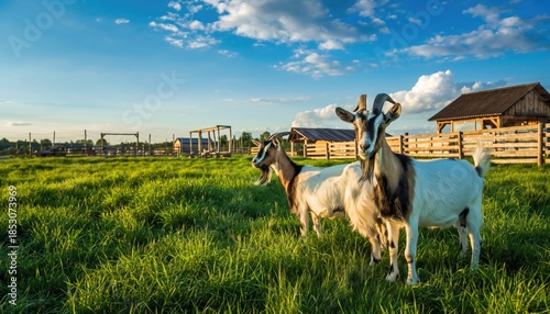 Peaceful goats grazing in serene green pasture with blue sky