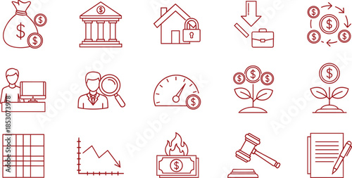 Set of business financial crisis icons, bankruptcy management, debt collection, legal auction, market crash, investment growth loss, money risk management. (21 words)