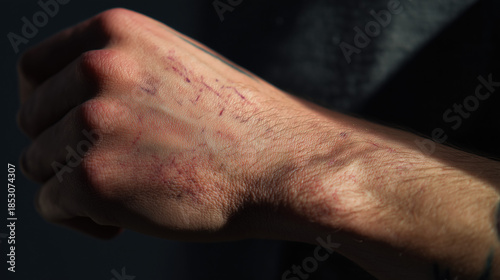 Scarred hand and wrist close-up texture