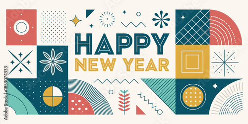 Vibrant Happy New Year celebration background with geometric shapes