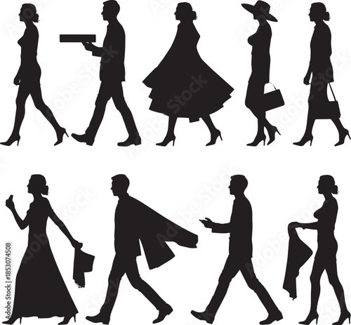 silhouettes of people walking in different poses and outfits