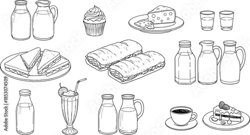 Hand drawn food and drink illustration set, sandwiches desserts milk bottles coffee cheese, bakery cafe menu elements, black white outline sketch collection