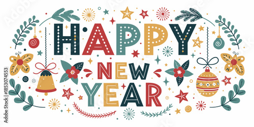 Vibrant Happy New Year celebration with colorful decorations