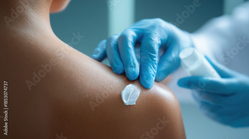 Gloved hands spreading topical cream on shoulder