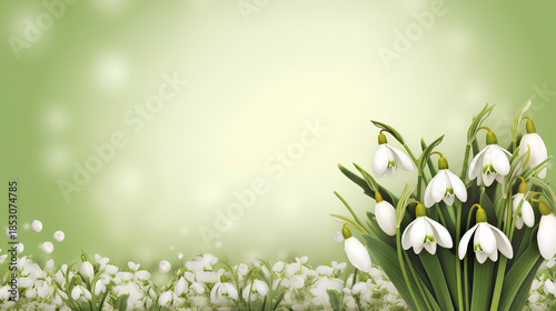 Beautiful fresh flowers of snowdrops in spring on a bright green background. Spring natural background.