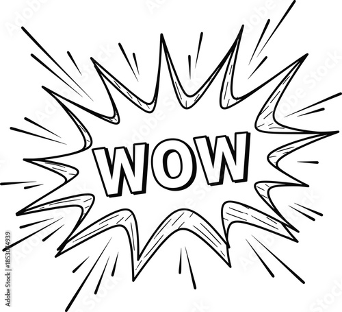 Comic wow speech bubble explosion vector illustration with dynamic starburst outline in hand drawn style isolated on white for pop art comics reactions and expressive graphic designs