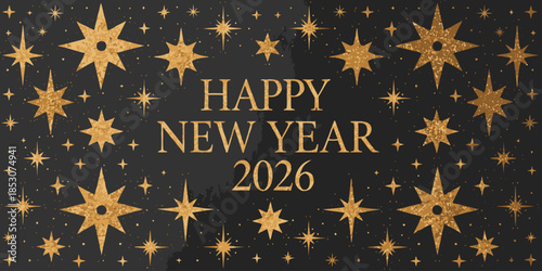 Golden stars on black background with Happy New Year 2026 text