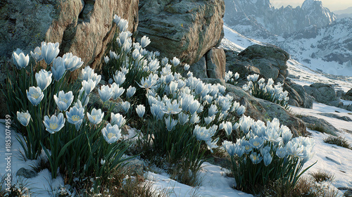 White tulips blooming among rocks in a snowy mountain landscape.