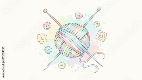 Delightful pastel yarn ball and knitting needles illustration with charming buttons, capturing the cozy essence of handmade crafts and textile hobbies