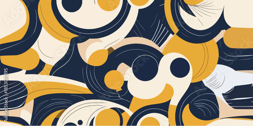 Abstract seamless pattern with fluid wavy shapes in navy blue, mustard yellow, and terracotta. Modern retro aesthetic background for textile, print, and wallpaper
