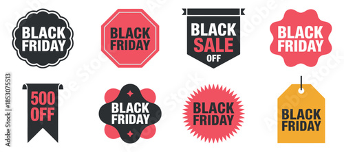 a collection of vibrant black friday sale banners and tags in various shapes and colors promoting discount offers high quality professional