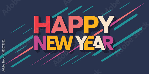 Vibrant Happy New Year celebration with colorful diagonal lines