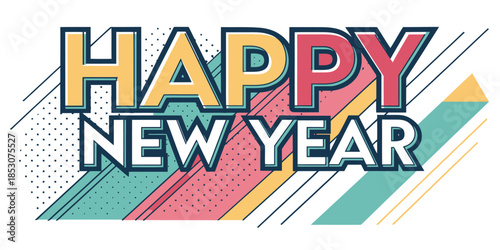 Vibrant Happy New Year celebration graphic with colorful geometric design