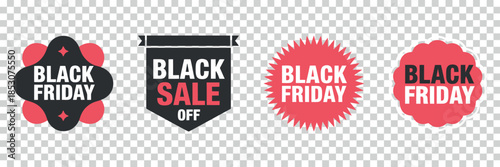 A collection of four vibrant black friday sale labels and promotional badges with contrasting colors and unique designs is displayed