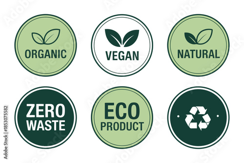 A collection of circular labels highlighting sustainable and ethical product qualities including organic vegan natural zero waste and eco friendly certifications