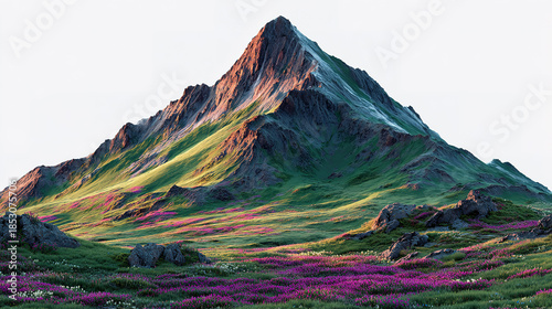A majestic mountain surrounded by lush green and colorful wildflowers.