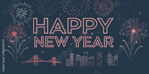 Happy New Year celebration with fireworks over city skyline