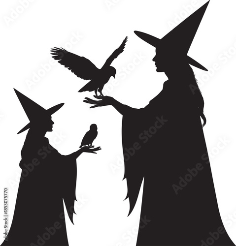 Two witches with birds in dark halloween scene
