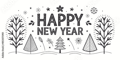 Happy New Year celebration with trees and snowflakes