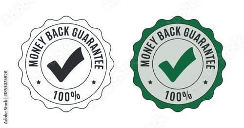 two circular badges displaying a money back guarantee with a checkmark presented in both black and white and full color variations for brand assurance