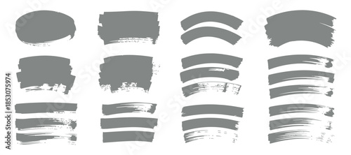 a collection of various grayscale brushstroke shapes and textures arranged in a grid displaying different widths and styles of paint strokes