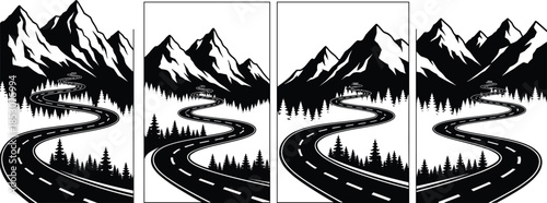 Set of four winding mountain roads and scenic forest illustrations, vector art depicting nature, travel, adventure, freedom, and the beautiful landscape journey concept