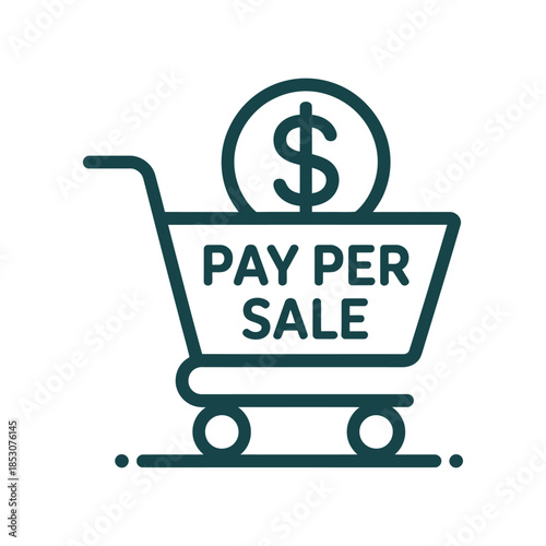 A simplified illustration depicts a shopping cart with a dollar sign inside prominently displaying the text pay per sale in bold letters