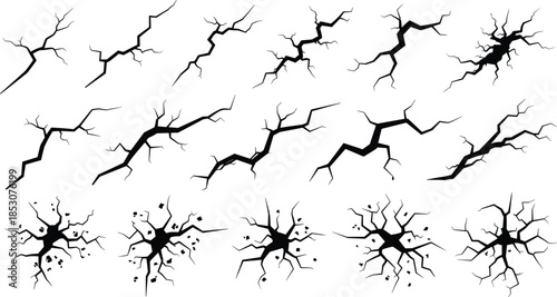 Set of Ground Crack Vector Illustrations, Earthquake Damage Graphic Elements, Black and White Hole Destruction Texture, Abstract Splintered Surface Design, Isolated Dirt Breaking Symbol