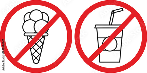 No food and drink sign icons showing prohibited ice cream and soda consumption policy warning flat vector illustration