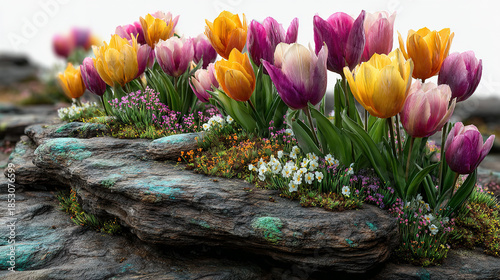 colorful tulips and small flowers growing on a stone surface.