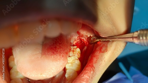 Photos Intraoral clinical photo showing impacted tooth extraction site after removal and before suturing, with visible surgical incision and bleeding during oral surgery procedure